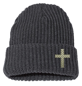 Black Gold Rope Cross Cuffed Chunky Rib Knit Beanie Gray