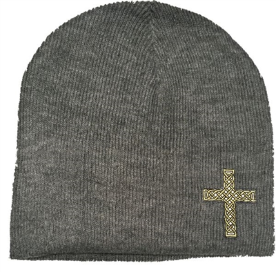 Black Gold Rope Cross Fitted Christian Beanie in Heather Gray