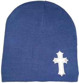 White Satin Christian Cross Beanie in Blue