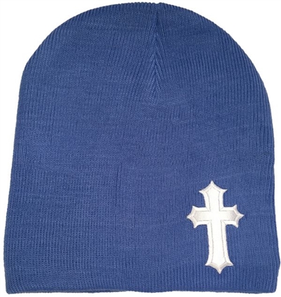 White Satin Christian Cross Beanie in Blue