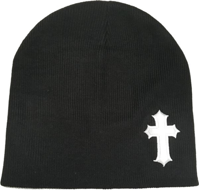 White Satin Christian Cross Beanie in Black