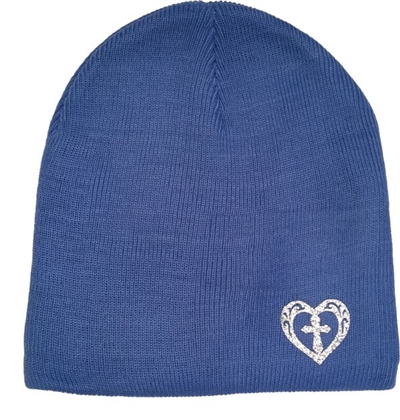 Silver Sparkle Heart Fitted Skull Cap Cross Beanie in Carolina Blue