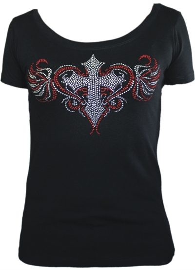 Rhinestone Cross Heart Scoop Neck T-Shirt Black