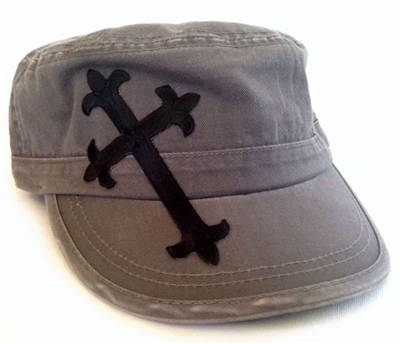 Black Satin Saints Cross Fidel Cap in Gray