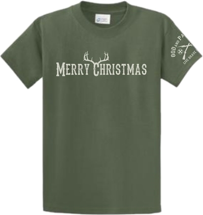 Merry Christmas Antlers Patriotic T-Shirt Green