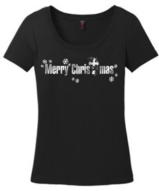Merry Christmas Scoop Neck Tee Shirt in Black