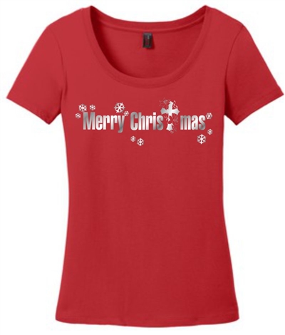 Merry Christmas Scoop Neck Tee Shirt in Red