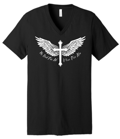 He Died I Live Wings and Cross V-Neck T-Shirt