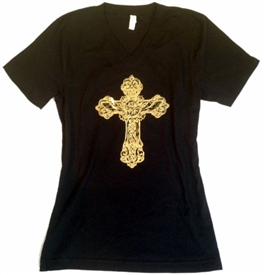 Wings in Gold Foil Cross Women's V-Neck T-Shirt