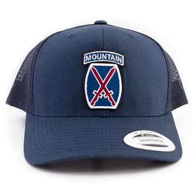 10th Mountain Division Embroidered Logo Patch on a Snapback Navy Ball Cap, One Size Fits All