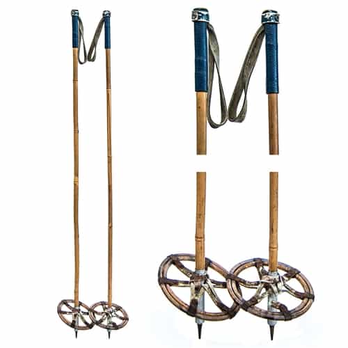 1940's Bamboo Vintage Ski Poles with Cane Baskets and Blue leather Handles