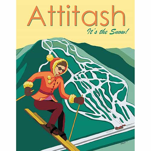 Attitash New Hampshire Ski Area Vintage Art Deco Ski Poster