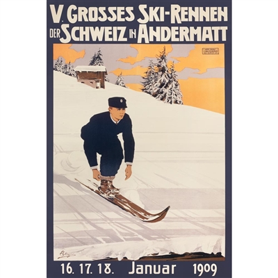 Andermatt Vintage Swiss Art Deco Ski Poster, 20 x 30 inches