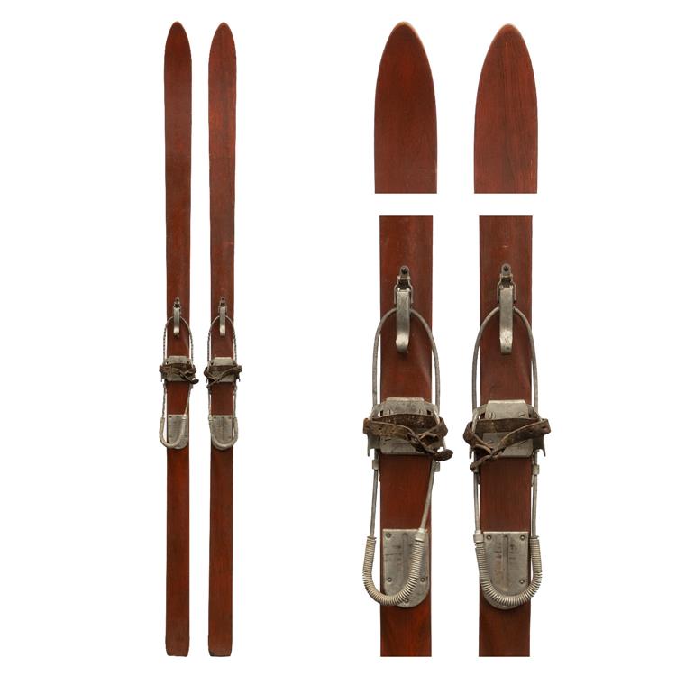 1940s Mahogany Ridgetop Vintage Downhill Skis with bear trap and cable bindings