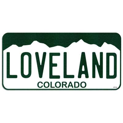 Loveland Colorado License Plate Bumper Sticker, 2 1/2 x 5 1/2 inches