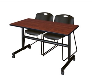 Kobe 48" Flip Top Mobile Training Table - Cherry & 2 Zeng Stack Chairs - Black