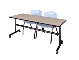 72" x 30" Flip Top Mobile Training Table - Beige and 2 "M" Stack Chairs - Grey