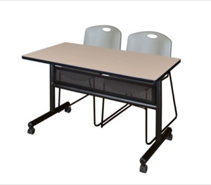 48" x 24" Flip Top Mobile Training Table with Modesty Panel - Beige and 2 Zeng Stack Chairs - Grey