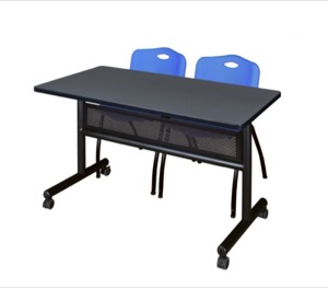 48" x 24" Flip Top Mobile Training Table with Modesty Panel - Grey and 2 "M" Stack Chairs - Blue