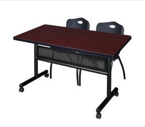 48" x 30" Flip Top Mobile Training Table with Modesty Panel - Mahogany and 2 "M" Stack Chairs - Black