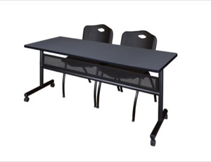 72" x 24" Flip Top Mobile Training Table with Modesty Panel - Grey and 2 "M" Stack Chairs - Black