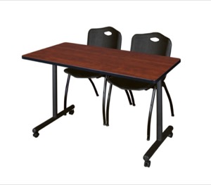 48" x 24" Kobe T-Base Mobile Training Table - Cherry & 2 'M' Stack Chairs - Black