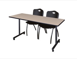 72" x 24" Kobe T-Base Mobile Training Table - Beige & 2 'M' Stack Chairs - Black