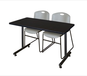 48" x 30" Kobe Training Table - Mocha Walnut and 2 Zeng Stack Chairs - Grey