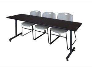 84" x 24" Kobe Training Table - Mocha Walnut & 3 Zeng Stack Chairs - Grey