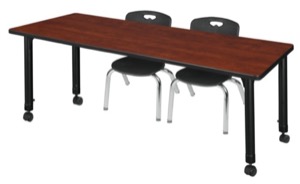 Kee 72" x 30" Height Adjustable Mobile Classroom Table  - Cherry & 2 Andy 12-in Stack Chairs - Black