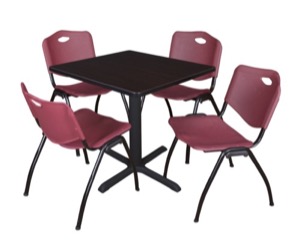 Cain 30" Square Breakroom Table - Mocha Walnut & 4 'M' Stack Chairs - Burgundy