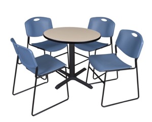 Cain 30" Round Breakroom Table - Beige & 4 Zeng Stack Chairs - Blue