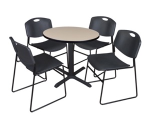 Cain 30" Round Breakroom Table - Beige & 4 Zeng Stack Chairs - Black