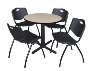 Cain 30" Round Breakroom Table - Beige & 4 'M' Stack Chairs - Black