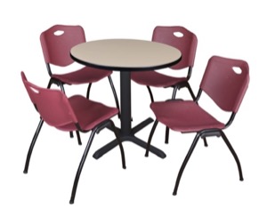 Cain 30" Round Breakroom Table - Beige & 4 'M' Stack Chairs - Burgundy