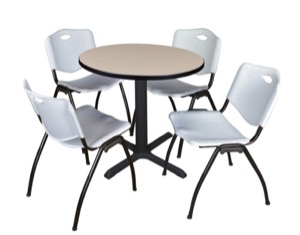 Cain 30" Round Breakroom Table - Beige & 4 'M' Stack Chairs - Grey