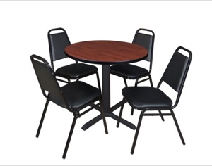 Cain 30" Round Breakroom Table - Cherry & 4 Restaurant Stack Chairs - Black