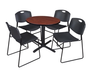 Cain 30" Round Breakroom Table - Cherry & 4 Zeng Stack Chairs - Black