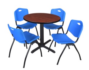 Cain 30" Round Breakroom Table - Cherry & 4 'M' Stack Chairs - Blue