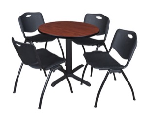 Cain 30" Round Breakroom Table - Cherry & 4 'M' Stack Chairs - Black