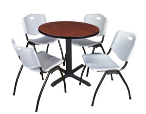 Cain 30" Round Breakroom Table - Cherry & 4 'M' Stack Chairs - Grey
