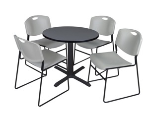 Cain 30" Round Breakroom Table - Grey & 4 Zeng Stack Chairs - Grey