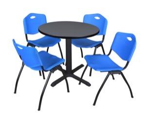 Cain 30" Round Breakroom Table - Grey & 4 'M' Stack Chairs - Blue