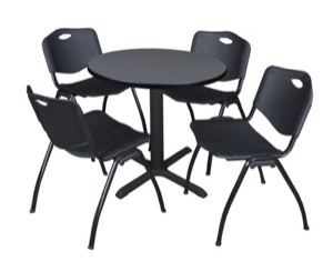 Cain 30" Round Breakroom Table - Grey & 4 'M' Stack Chairs - Black