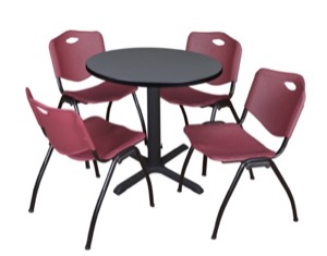 Cain 30" Round Breakroom Table - Grey & 4 'M' Stack Chairs - Burgundy