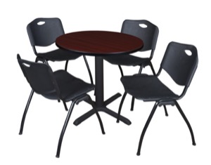Cain 30" Round Breakroom Table - Mahogany & 4 'M' Stack Chairs - Black