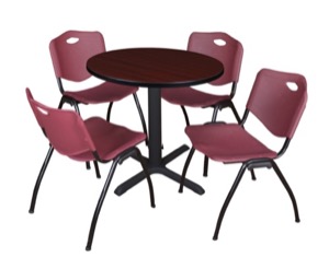 Cain 30" Round Breakroom Table - Mahogany & 4 'M' Stack Chairs - Burgundy