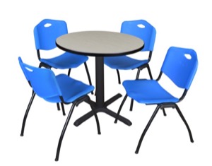 Cain 30" Round Breakroom Table - Maple & 4 'M' Stack Chairs - Blue
