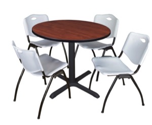 Cain 42" Round Breakroom Table - Cherry & 4 'M' Stack Chairs - Grey