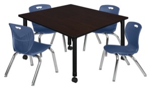 Kee 48" Square Height Adjustable Mobile Classroom Table  - Mocha Walnut & 4 Andy 12-in Stack Chairs - Navy Blue